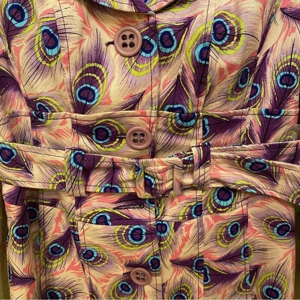Vintage NANETTE LEPORE Women Colorful Peacock Feather Print Trench Coat Size 4 - Picture 5 of 9